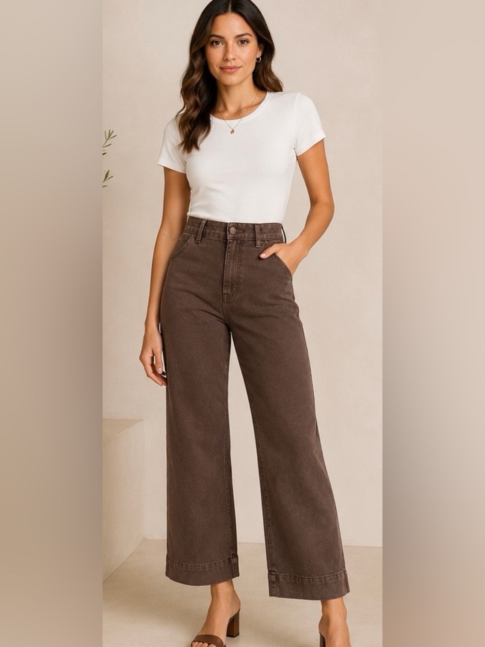 cloth & stone Women’s Brown Cropped Wide-Leg Jeans Size 27